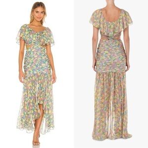 AMUR Amore Floral Ruffle Cutout Silk Maxi Dress Sz 6